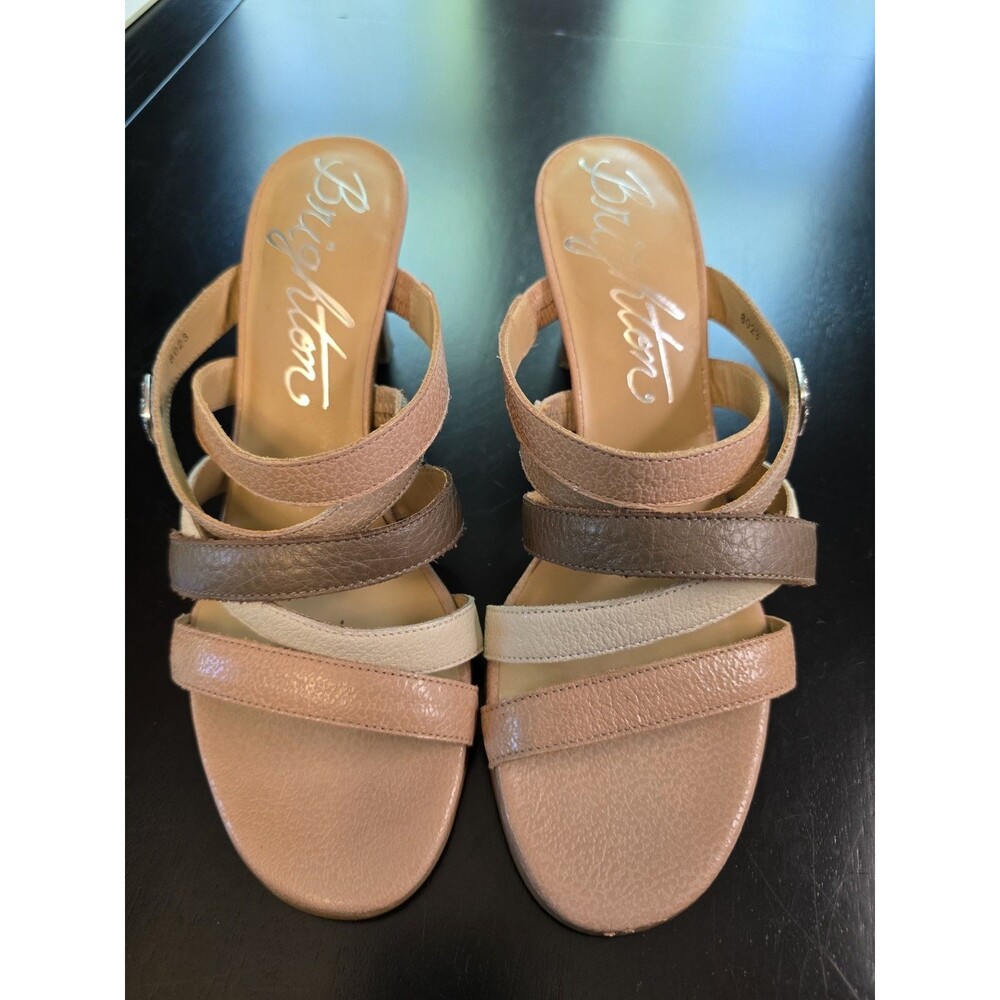 Brighton 8023 Strappy Leather Heeled Sandals Mules Multi-Tone Tan Brown Sz 8M